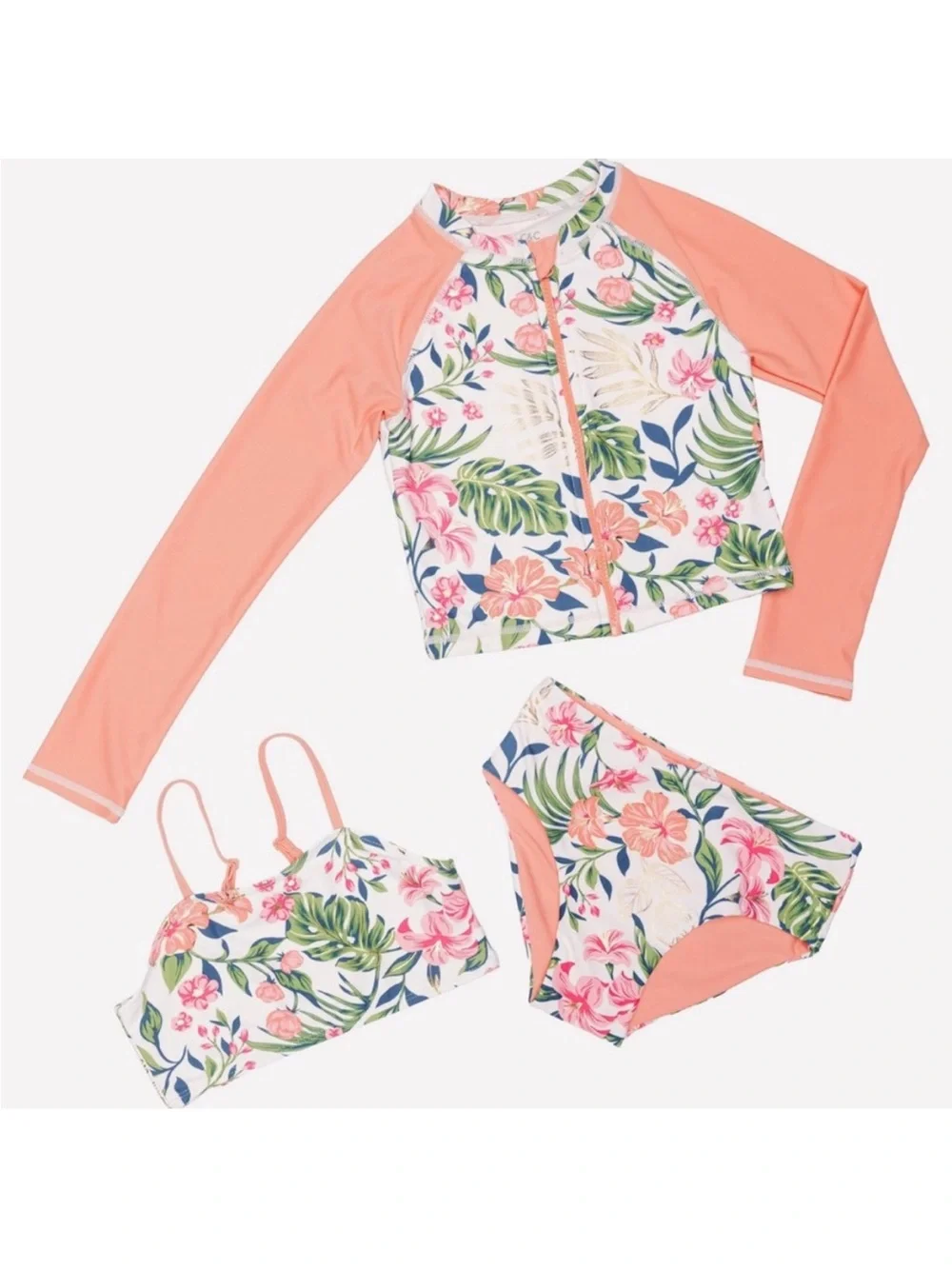 Like New - C&C California Tropical Floral 3-Piece Girls Swim Set, Size 9-10